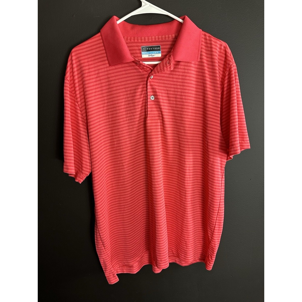 PGA Tour Airflux Polo Golf Mens Short Sleeve Shirt Red‎ Striped Performance L